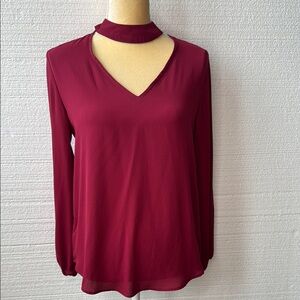 Burgundy V-Neck Choker Top Chiffon Long Sleeves Beautiful Drape by Veronica M.